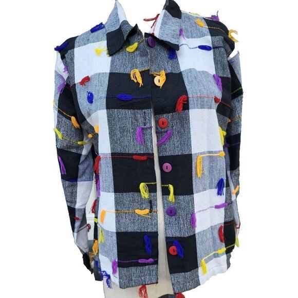 VTG 90s Lifestyle Checkered Colorful Jacket Coat Button Up Sz M 100% Cotton - Picture 6 of 11